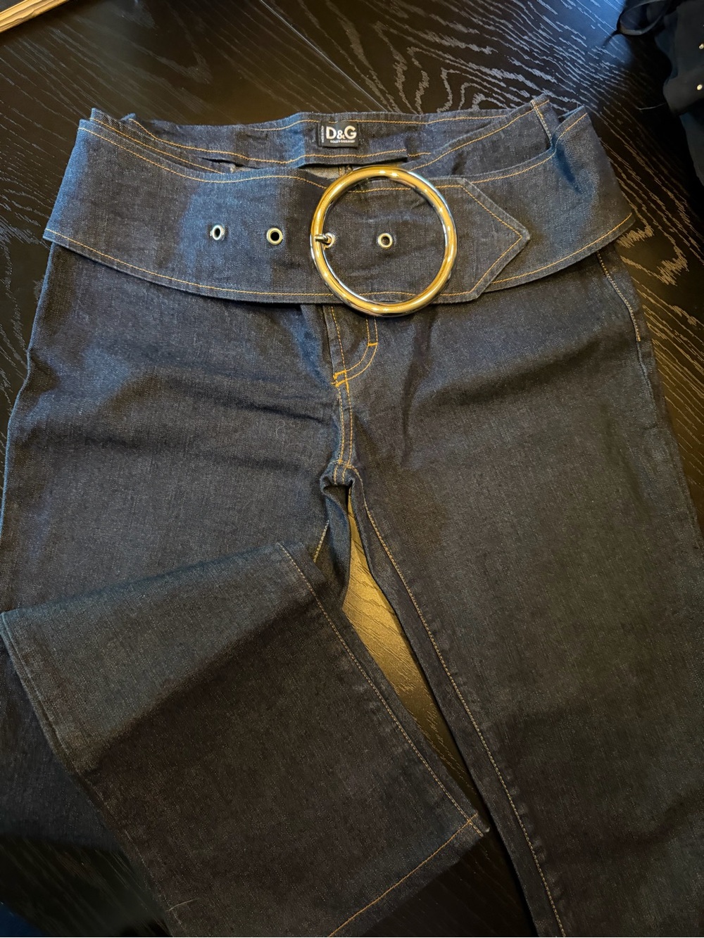 D&G Dark Indigo Wide-Leg Jeans with Statement Ring Belt